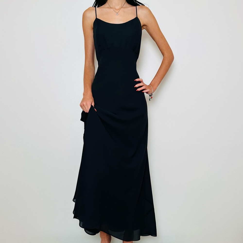 Vintage Hampton Nites Black Slip Evening Gown Spaghetti Strap Maxi Dress - Picture 3 of 8